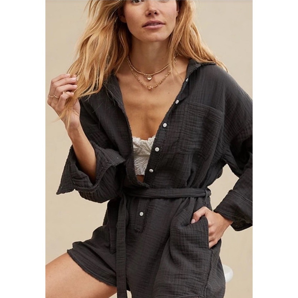 Aerie Pool To Party Romper Sz M Grey Pockets Muslim Cotton Long Sleeves